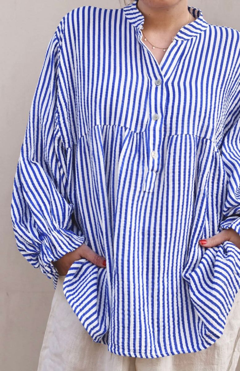 Blå/hvit - Oversized Stripete Bomulls Bluse